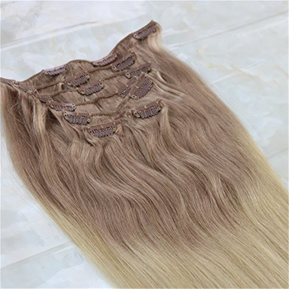 Remy Human Hair Clip in Weft Hair Extensions #18 Ash Blonde to #613 Blonde Ombre Clip on Extensions 7Pcs 120g