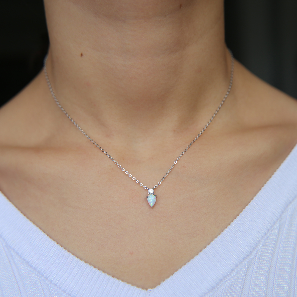 100% 925 sterling silver opal necklace simple stone design tear drop fire opal minimal delicate dainty silver jewelry