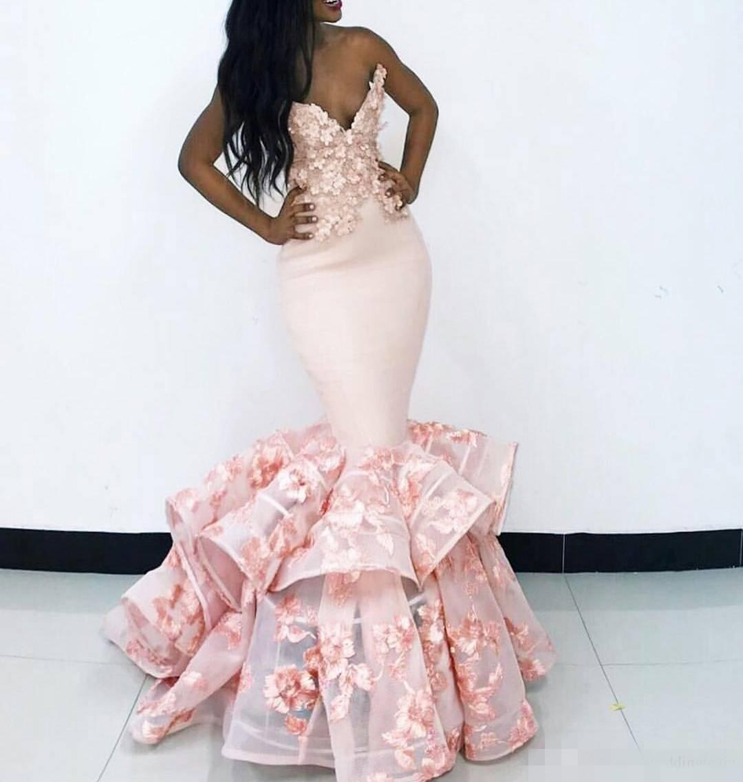 South African Mermaid Prom Dresses Sexy Pink Sweetheart Backless Evening Gowns Floral Appliques Tiered Sweep Train Formal Party Dress