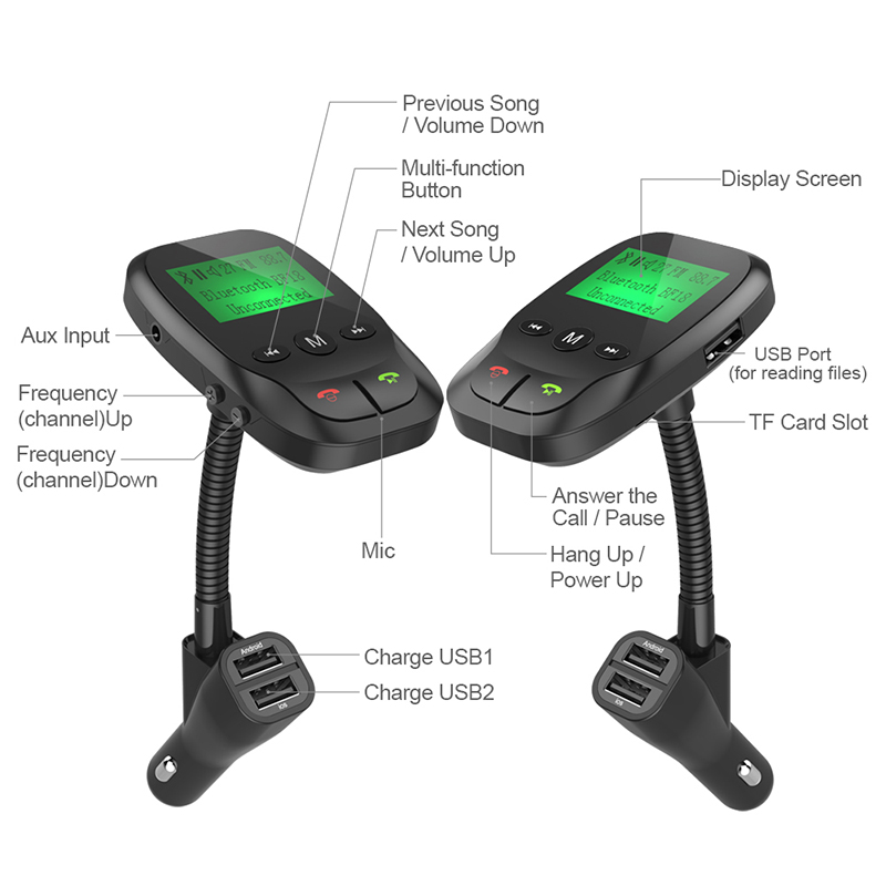 Multifunctional Dual USB Car Charger with Bluetooth & FM Transmitter Compatible with USB Drive & SD Cards