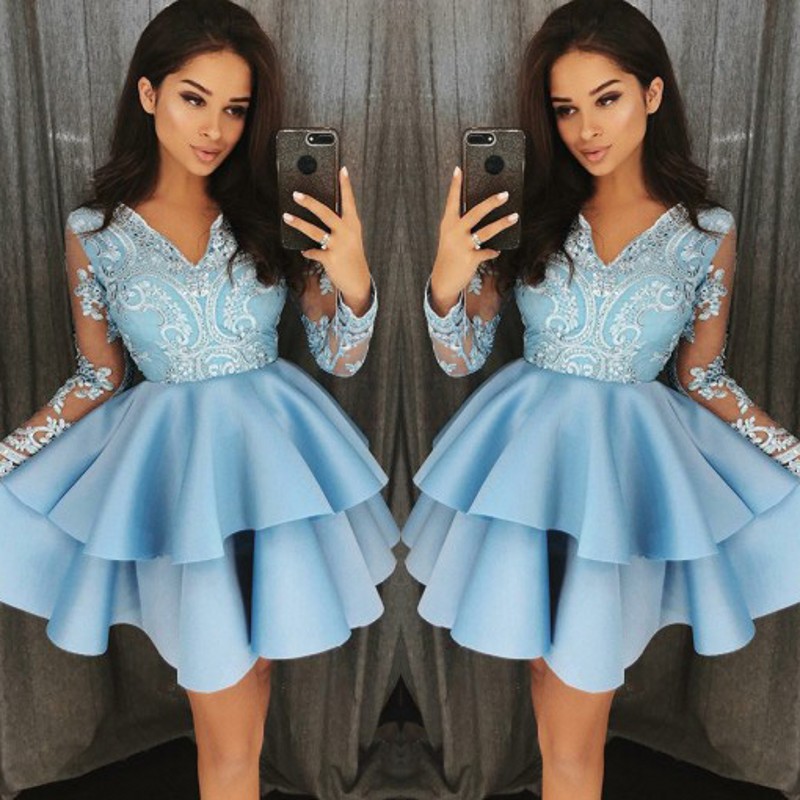 Tiered A-Line Homecoming Dresses Light Blue V-Neck Satin Above Knee 2018 Prom Dress Long Sleeves Lace Appliques Short Cocktail Dresses, Champagne
Tiered A-Line Homecoming Dresses Light Blue V-Neck Satin Above Knee 2018 Prom Dress Long Sleeves Lace Appliques Short Cocktail Dresses, Champagne
