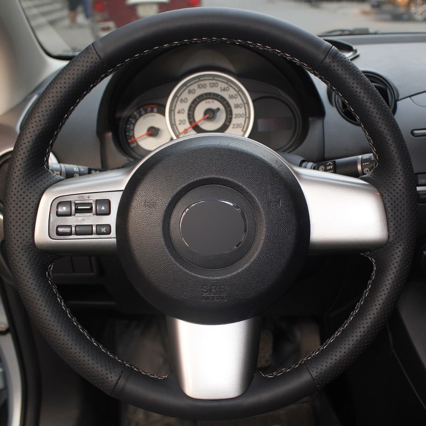 Black Leather Hand-stitched Car Steering Wheel Cover for Mazda 2 2009-2012