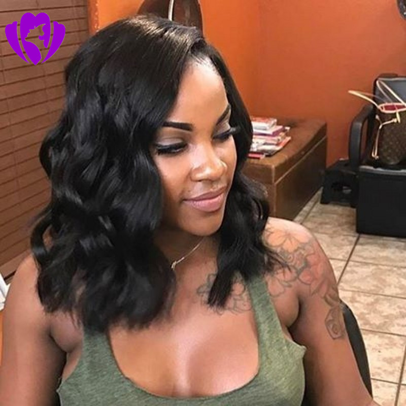 Side part Synthetic Short Hair Wigs With Bangs body Wave Black/brown/blonde /red color bob style lace front wig For Women