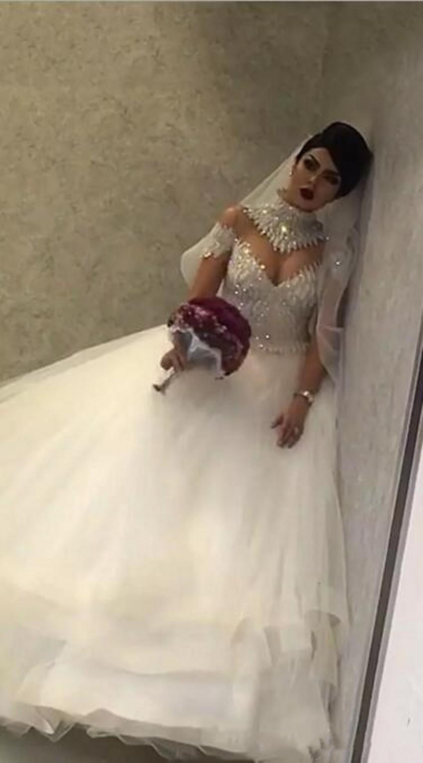 Modest High Neck Wedding Dresses Arabic Short Sleeves Lace Appliqued Beads Bridal Gowns Sweep Train Vestidos De Novia