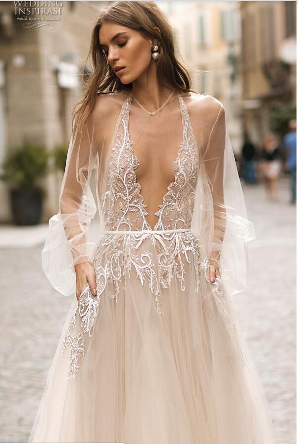 Berta A e Bohemain Dresses Deep V Neck Sexy Backless Sweep Train Champagne Wedding Dress With Detachable Jacket Bridal Gowns