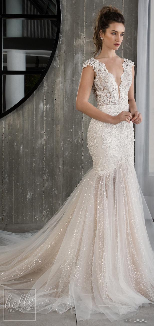 Riki Dalal 2018 Wedding Dress Deep V Neck Sequined Tulle With Lace Applique Backless Mermaid Bridal Gowns