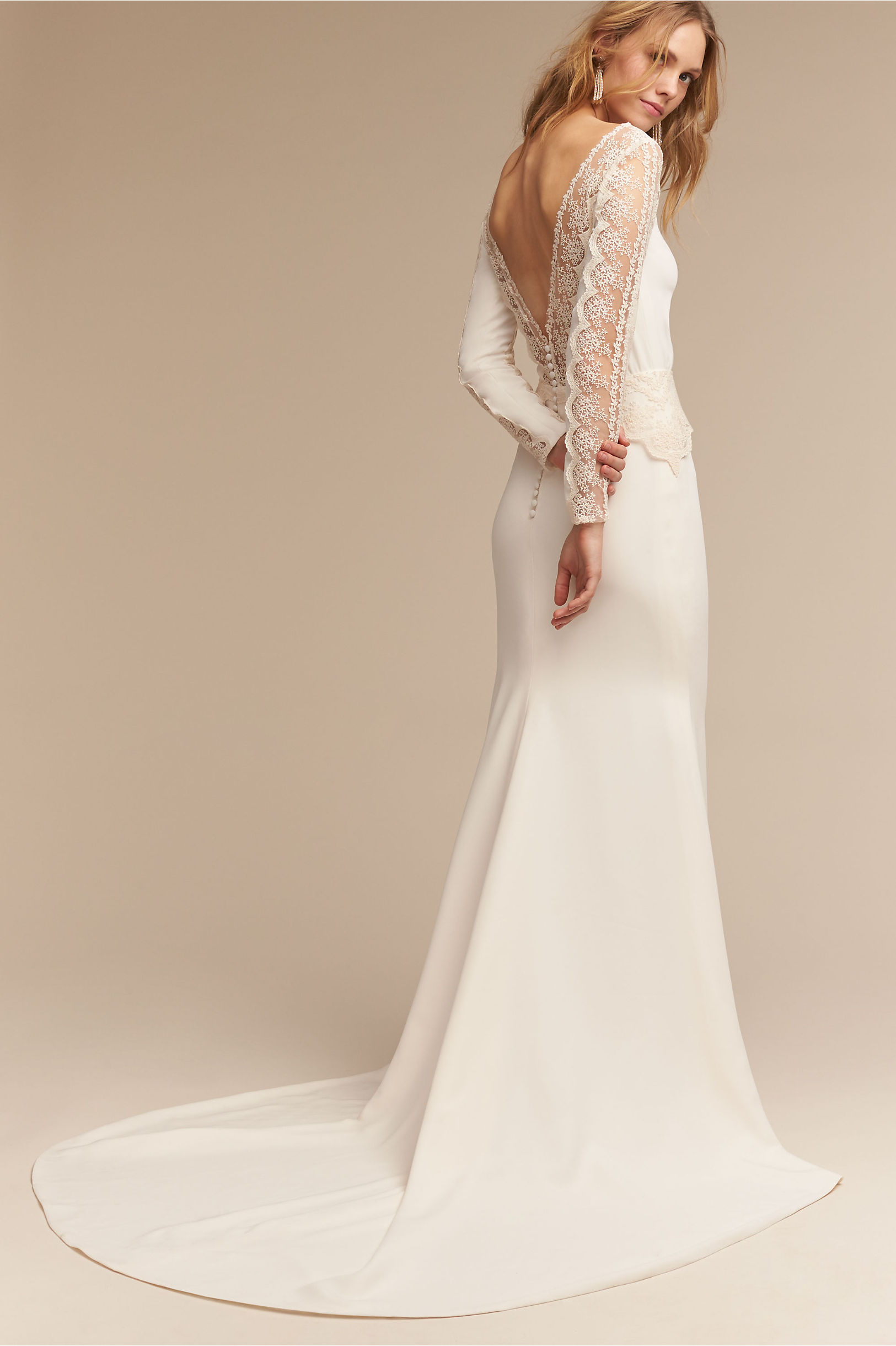 Bhldn Mermaid Dresses Satin Lace Backless Sweep Train Long Sleeve Elegant Beach Wedding Gowns Custom Made Plus Size Bridal Dress
