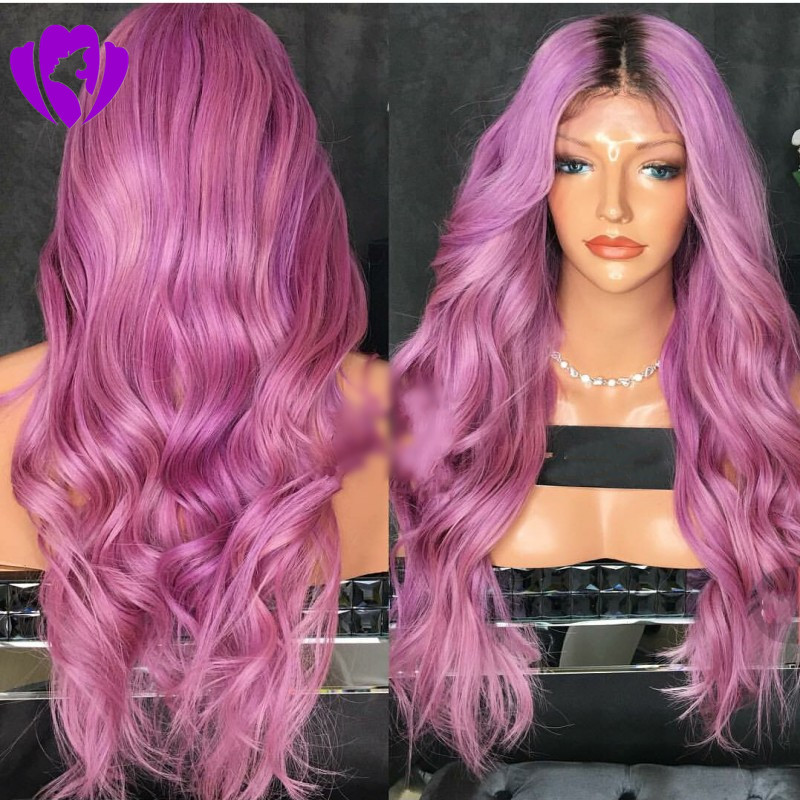 dark Roots Ombre Mixed Purple synthetic lace front wig Hand Tied long body Wave Heat Resistant Hair Synthetic wigs for Women