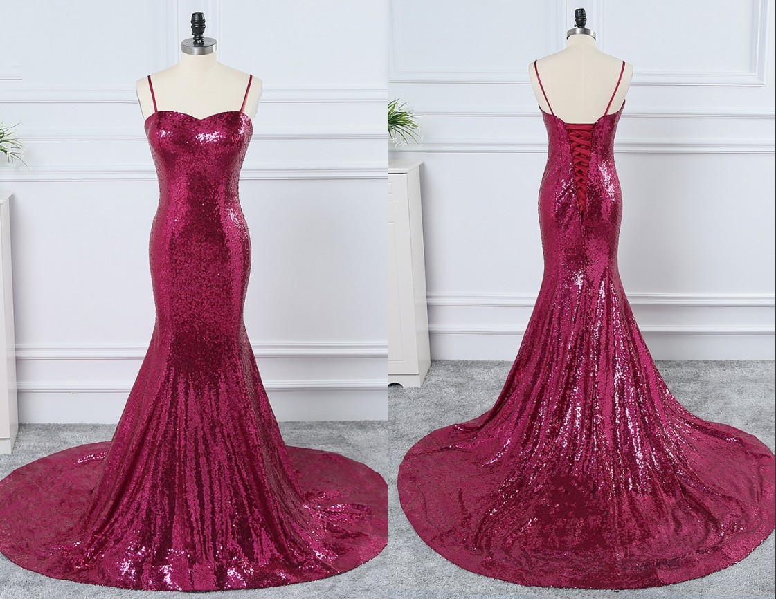 Fashion Sequined Dresses Evening pageant Party Wear For Women With Spaghetti Straps Mermaid Sweep Train Long Cheap Prom Dresses Gowns 2018, Burgundy
Fashion Sequined Dresses Evening pageant Party Wear For Women With Spaghetti Straps Mermaid Sweep Train Long Cheap Prom Dresses Gowns 2018, Burgundy