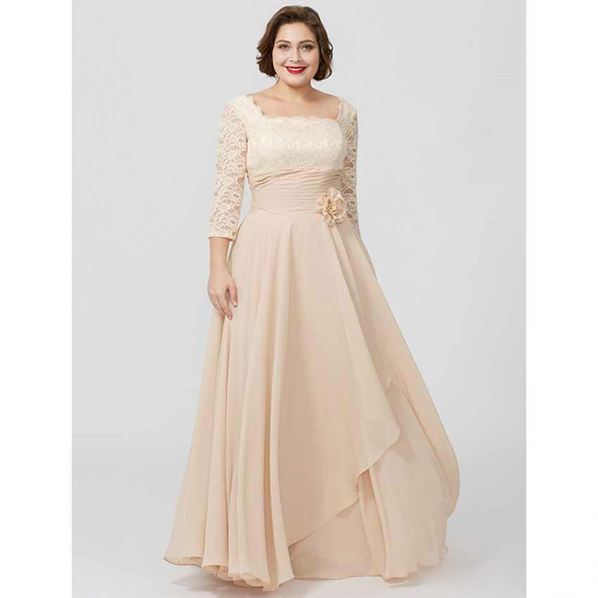 Elegant Champagne Lace Mother Of The Bride Dresses Plus Size Evening Gowns A Line 3/4 Long Sleeve Wedding Guest Dress