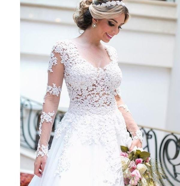 Chic A-line Illusion Long Sleeves Wedding Dresses Scoop Neck Lace Appliques Tulle Bridal Gowns Sweep Train Wedding Dress