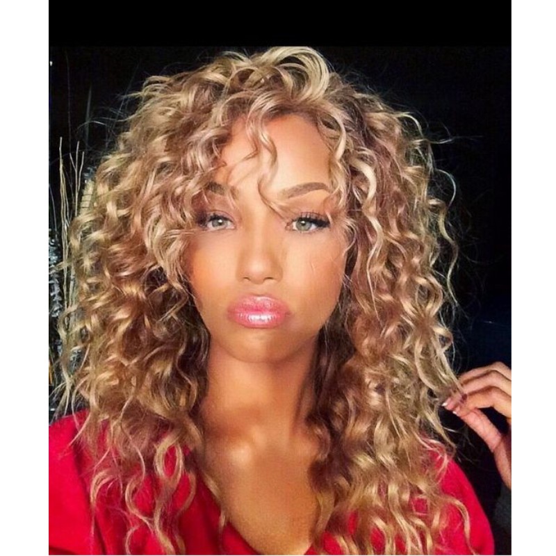 New brown roots with blonde color ombre wigs Heat Resistant two tone afro kinky curly synthetic lace front wig for africa american