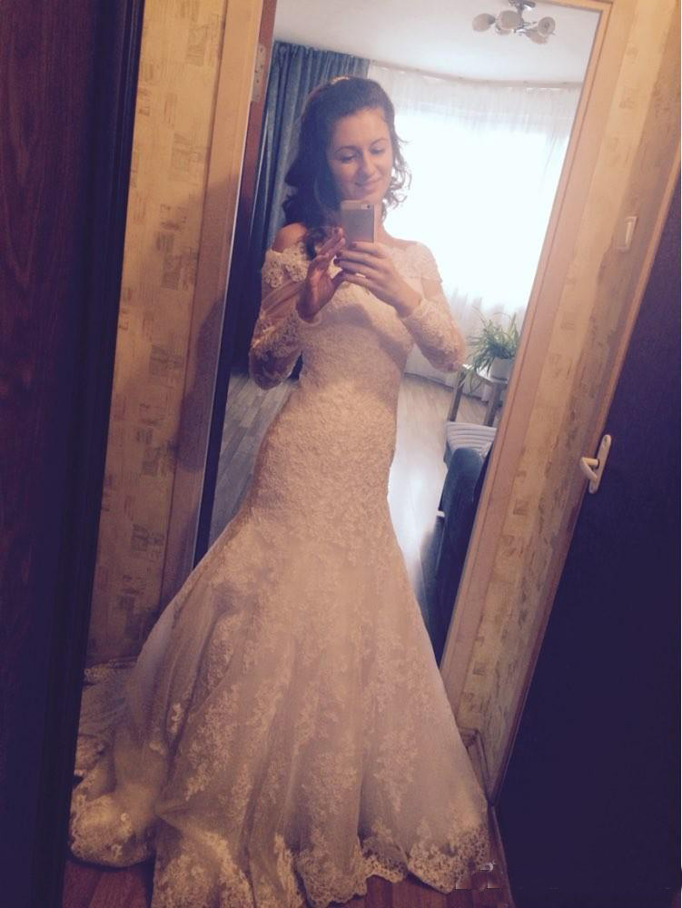Vintage Lace Mermaid Wedding Dresses With Long Sleeve White Bateau Sweep Train Formal Bridal Gowns Buyer Show 0521
