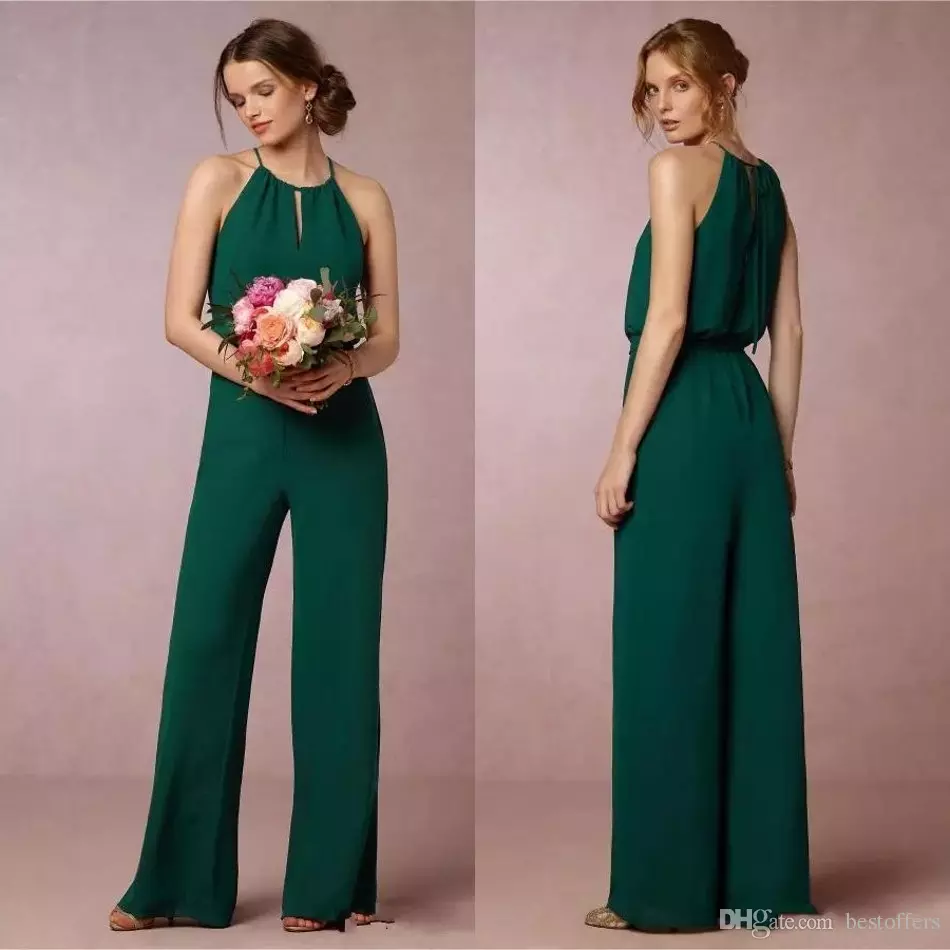 Dark Green Flow Chiffon Bridesmaid Dresses Elegant Empire Waist Pant Suit Maid of Honor Gowns Wedding Guest Prom Dress