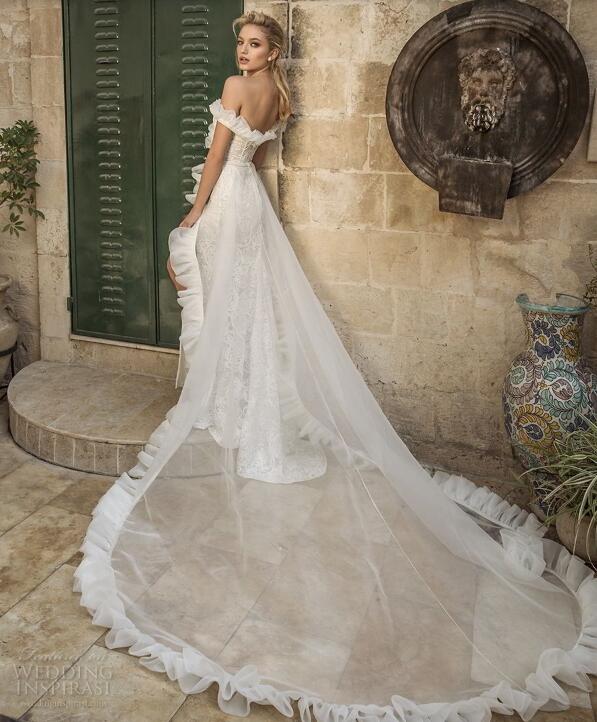 Sexy Off Shoulder Dress Mizrachi Illusion Chiffon Side Splits Lace Appliques Beaded Wedding Dresses Bridal Gowns