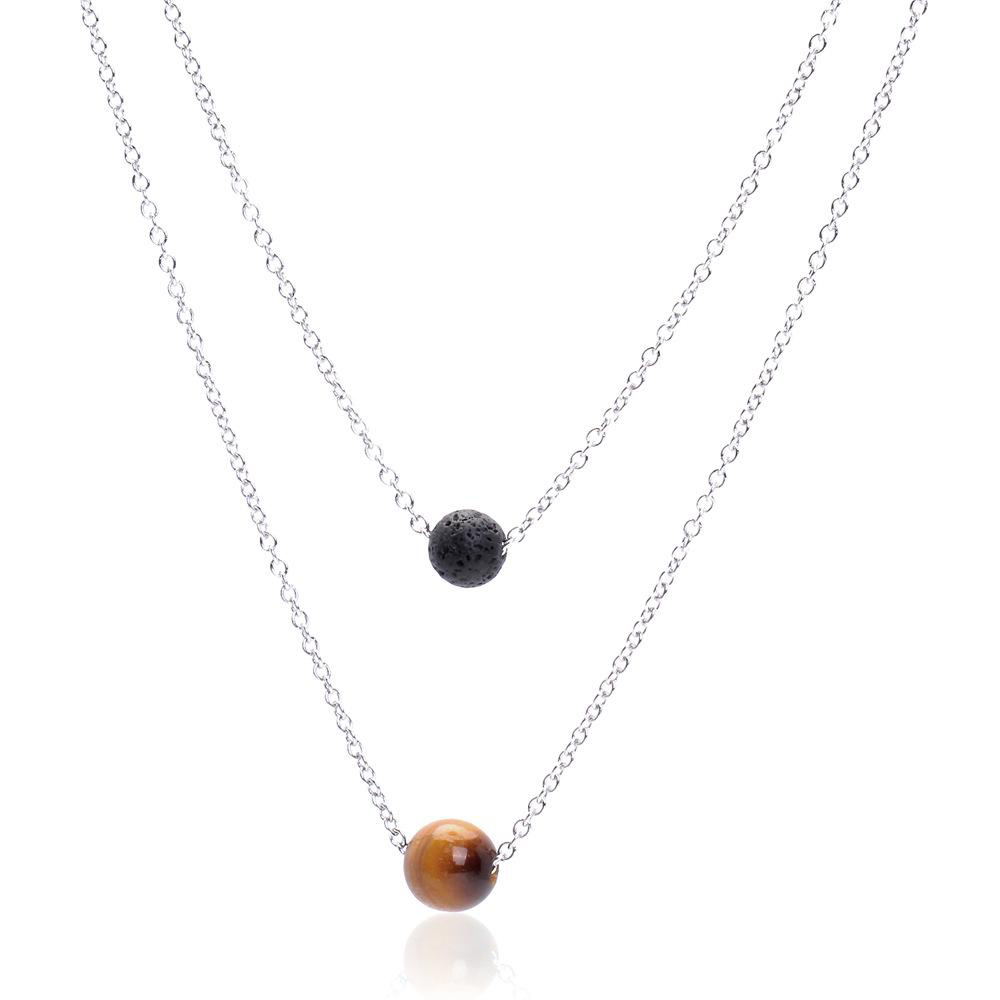 New 8mm Lava Rock and 10mm 7 color Chakra Stone pendant Multi-layered necklaces Silver Stainless steel chain For women Fashion Jewelry