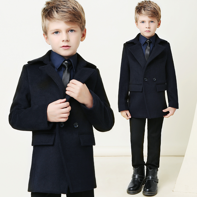 Notched Lapel Double Breasted Warm Kids Wear Windproof Child Coats Color Dark Red And Navy Thicken Winter Kids Formal Clothes For Sale