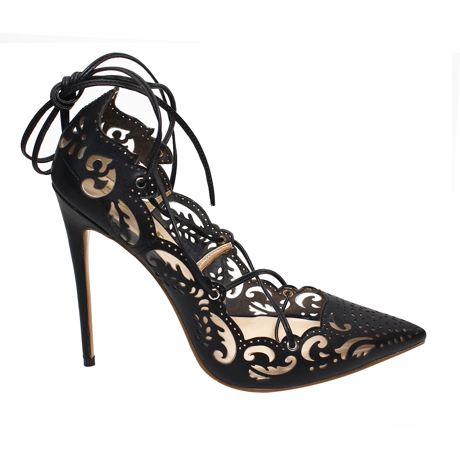 Sexy hollow pattern dress shoes 12cm high-heeled pumps pointed toe lace-up red sole lady party single shoe size -46, Black
Sexy hollow pattern dress shoes 12cm high-heeled pumps pointed toe lace-up red sole lady party single shoe size -46, Black