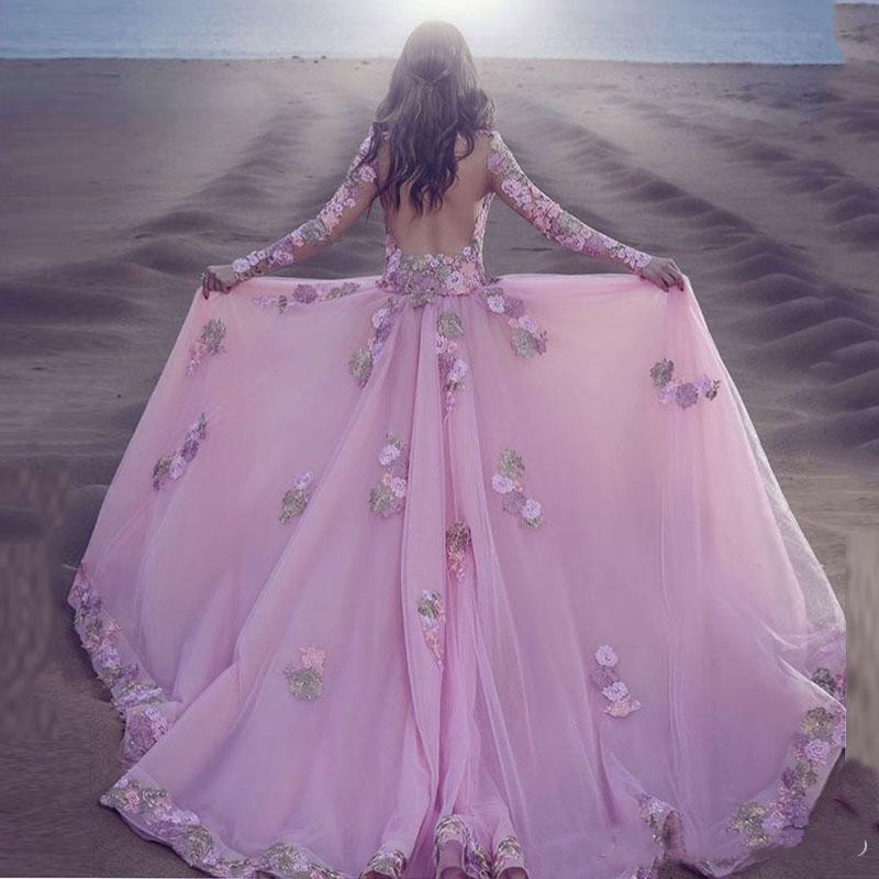 Beautiful Overskirt Prom Dresses Illusion Top Appliques 3d Floral Arabia Formal Evening Gowns Transparent Back Long Sleeve Plus Size Party