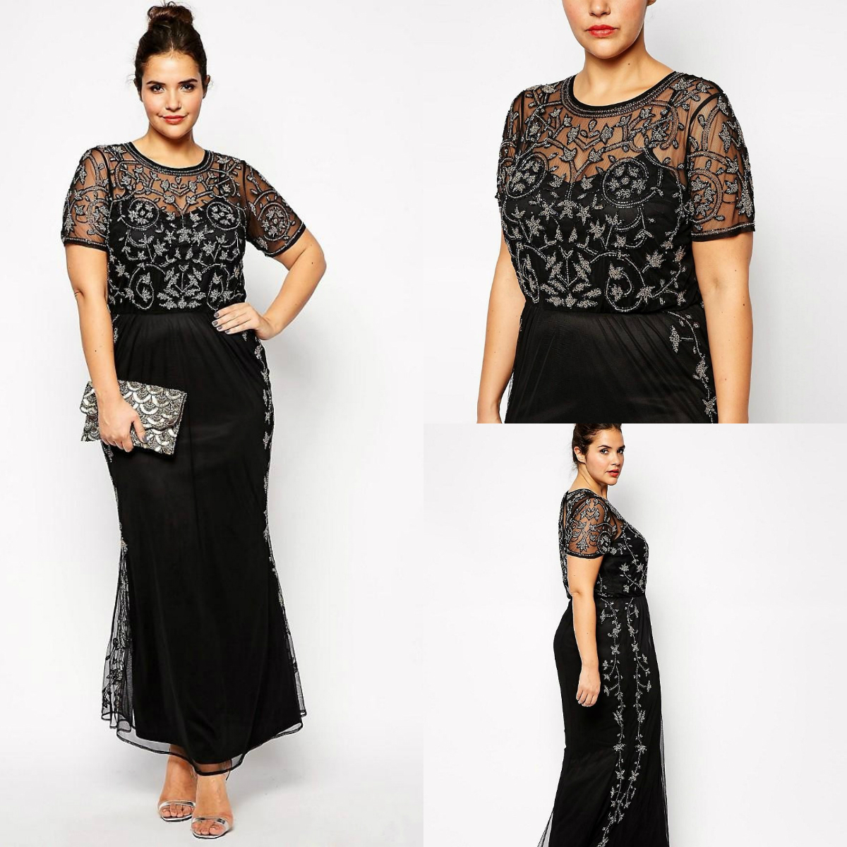 Black Mermaid Plus Size Mother Of The Bride Dresses Sheer Jewel Neck Sequined Appliqued Formal Dress Ankle Length Tulle Wedding Guest Dress