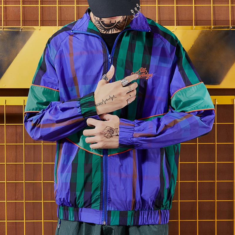 Hip hop autumn original high Street tide men and women striped lattice coat breathable trench, Purple
Hip hop autumn original high Street tide men and women striped lattice coat breathable trench, Purple