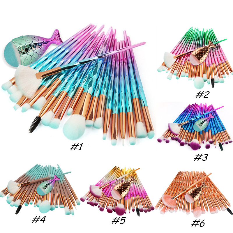 Mermaid Makeup Brushes Set 21pcs Foundation Blush Eyeshadow Eyes Diamond Little Fish Tail Contour Blending Make up Brush Kit Tools