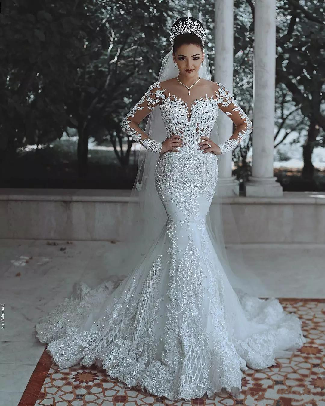 Luxury Modest Mermaid Wedding Dresses Sheer Neck Long Sleeves Full Lace Appliqued Beads Bridal Gowns Sweep Train Camo Wedding Dress