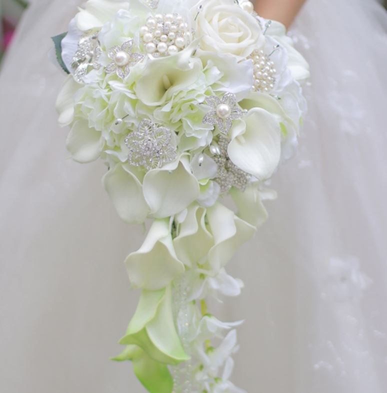 Custom drip simulation flower wedding bouquet white calla rose hydrangea DIY pearl crystal jewelry brooch bridal bouquet