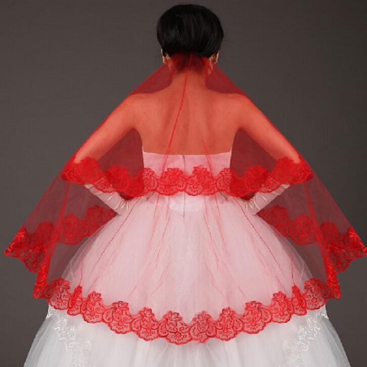 cheap singlelayer bridal veil for weddings featuring attractive appliques available in classic ivory white bold red
