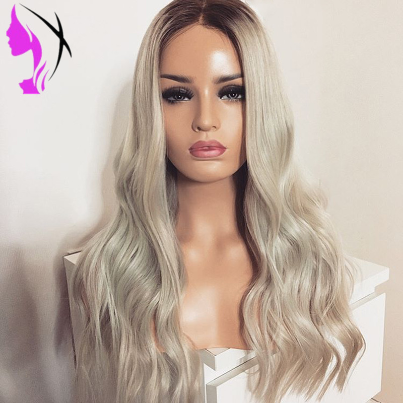 180% Density Body Wave Synthetic Lace Front Wig With Baby Hair Ombre light Gray Wig Glueless Heat Resistant Wigs For Black Women