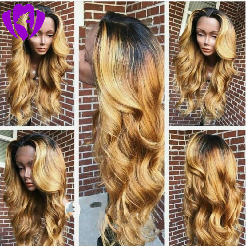 180density full Layered Cut blonde synthetic Lace Front Wig Heat Resistant body wave ombre color Lace Front Wigs for black Women