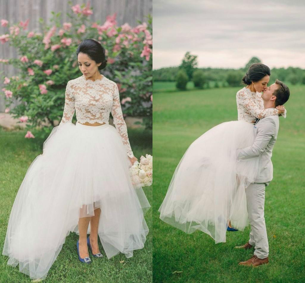 Two Pieces Lace Wedding Dresses 2018 High Neck Jewel Long Sleeves Bridal Dresses Tulle Layers Illusion High Low Dresses Wedding Gowns Cheap, White
Two Pieces Lace Wedding Dresses 2018 High Neck Jewel Long Sleeves Bridal Dresses Tulle Layers Illusion High Low Dresses Wedding Gowns Cheap, White