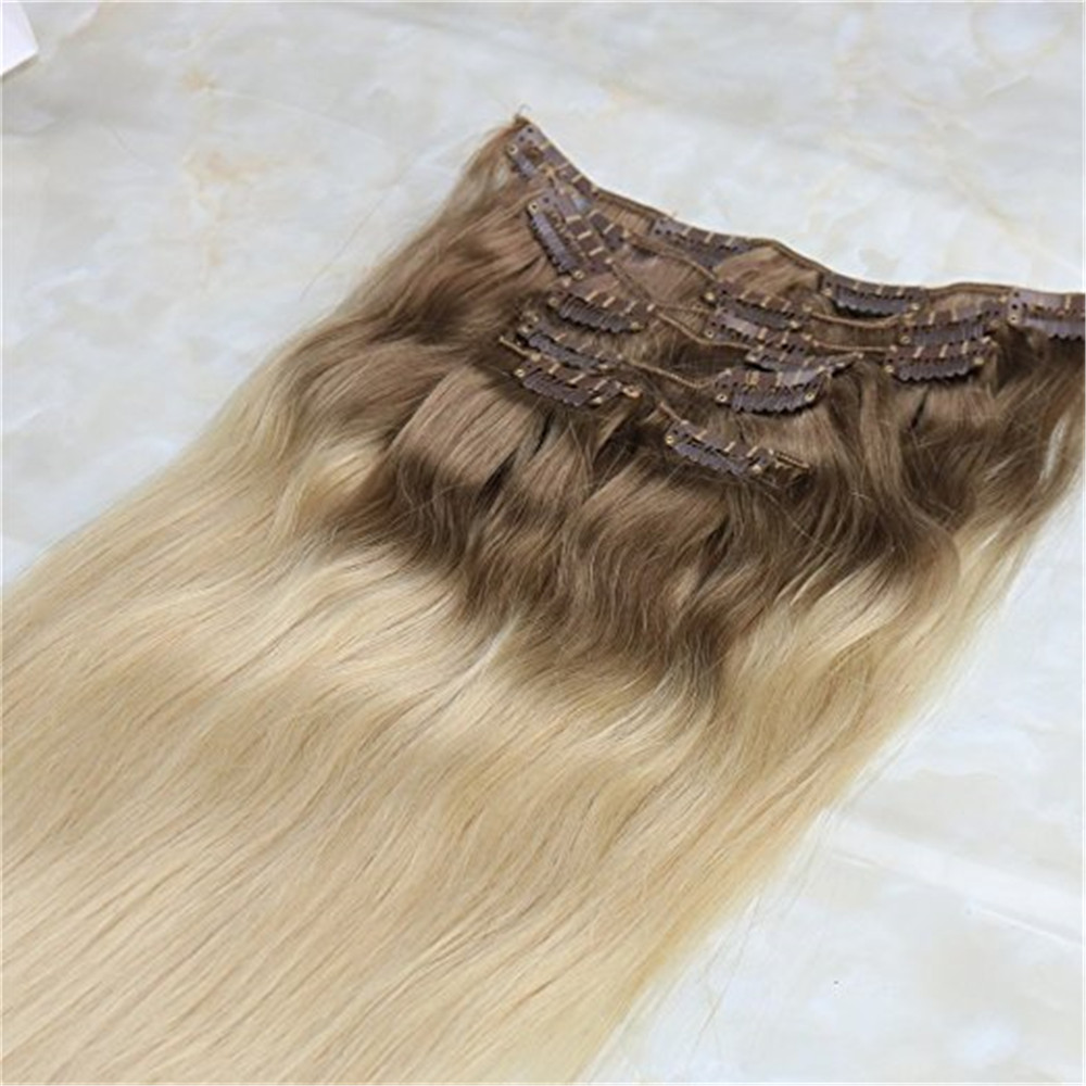 Remy Human Hair Clip in Weft Hair Extensions #18 Ash Blonde to #613 Blonde Ombre Clip on Extensions 7Pcs 120g