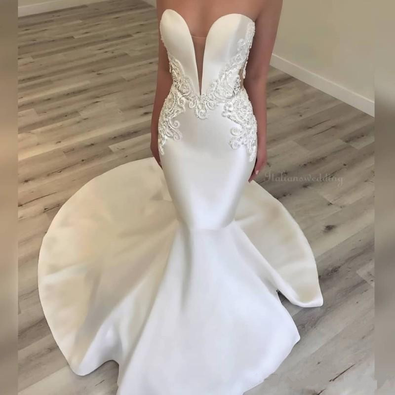 elegant satin mermaid wedding dresses sexy sweetheart lace appliques beaded beach bridal gowns graceful french royal wedding dress