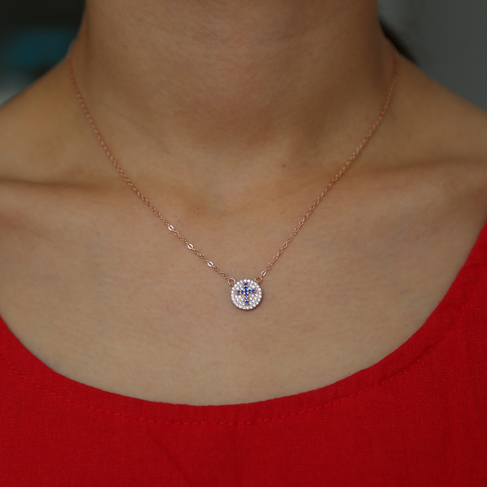 100% 925 sterling silver minimal jewelry blue cross engraved round disco disk charm simple cz paved silver bracelet necklace set