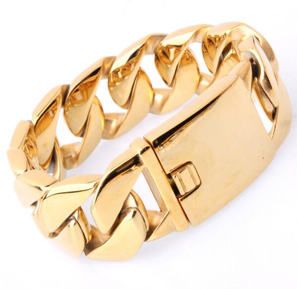 23cm (9 inch) or 21.5cm (8.5 in) Jewelry Large 316L Stainless steel jewelry Gold Miami cuban curb chain bracelet bangle Heavy Huge 26mm Mens