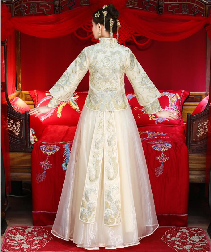 Elegent Vintage Xiu He toast Beige Dress Chinese style gown wedding dress Asian Popular Woman embroidery carps Cheongsam Evening costume