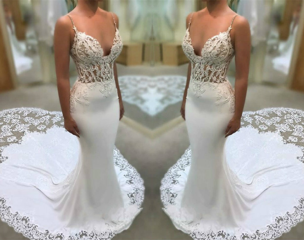 Glamorous Spaghetti-Straps Mermaid Wedding Dresses Appliques Illusion Satin Lace Wedding Dress Sweep Train Plus Size Bridal Gowns