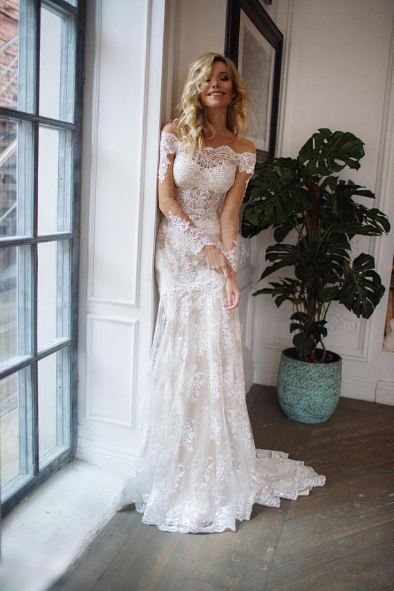 Sexy Mermaid Wedding Dresses With Detachable Skirt Lace Off The Shoulder Appliques Gorgeous Country Wedding Dress Sweep Train Plus Size Gown