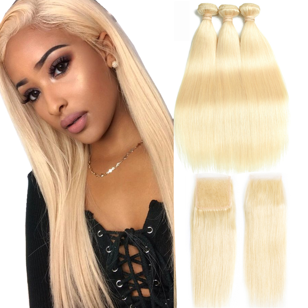 

Peruvian Virgin Hair Bundles with Closures 613 Blonde Bundles with Frontal 10-30 inch Straight Human Hair 3 Bundles with 4*4 Closure HCDIVA, Straight with closure