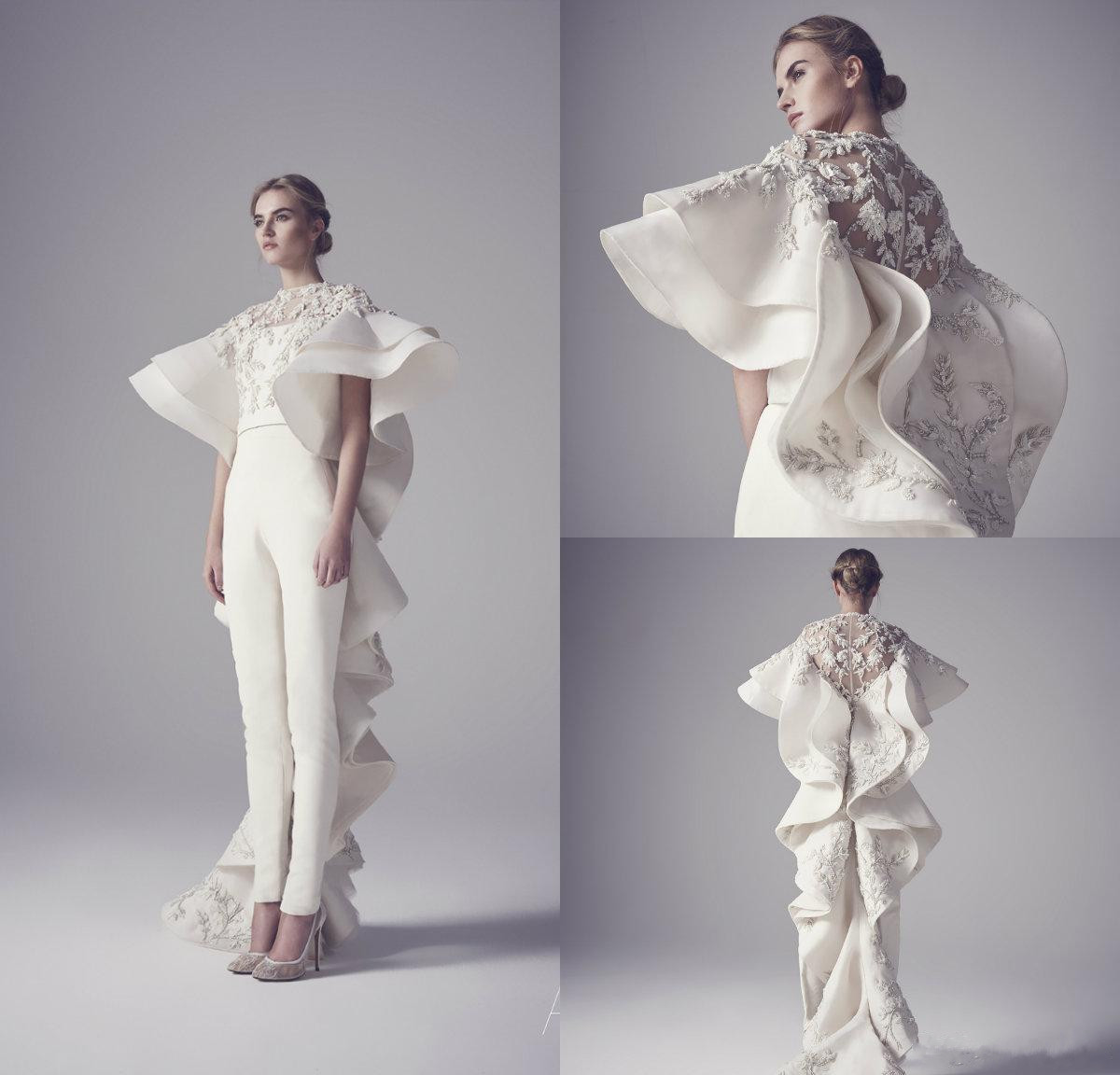 Ashi Studio Women Jumpsuits Prom Dresses 2018 Lace Applique Plus Size Bride Pants Suits Modest Jewel Neck Evening Gowns