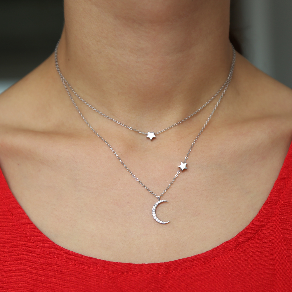 Fine 925 sterling silver factory wholesale 2018 Christmas moon star necklace cz moon charm double layer thin chain minimal delicate style