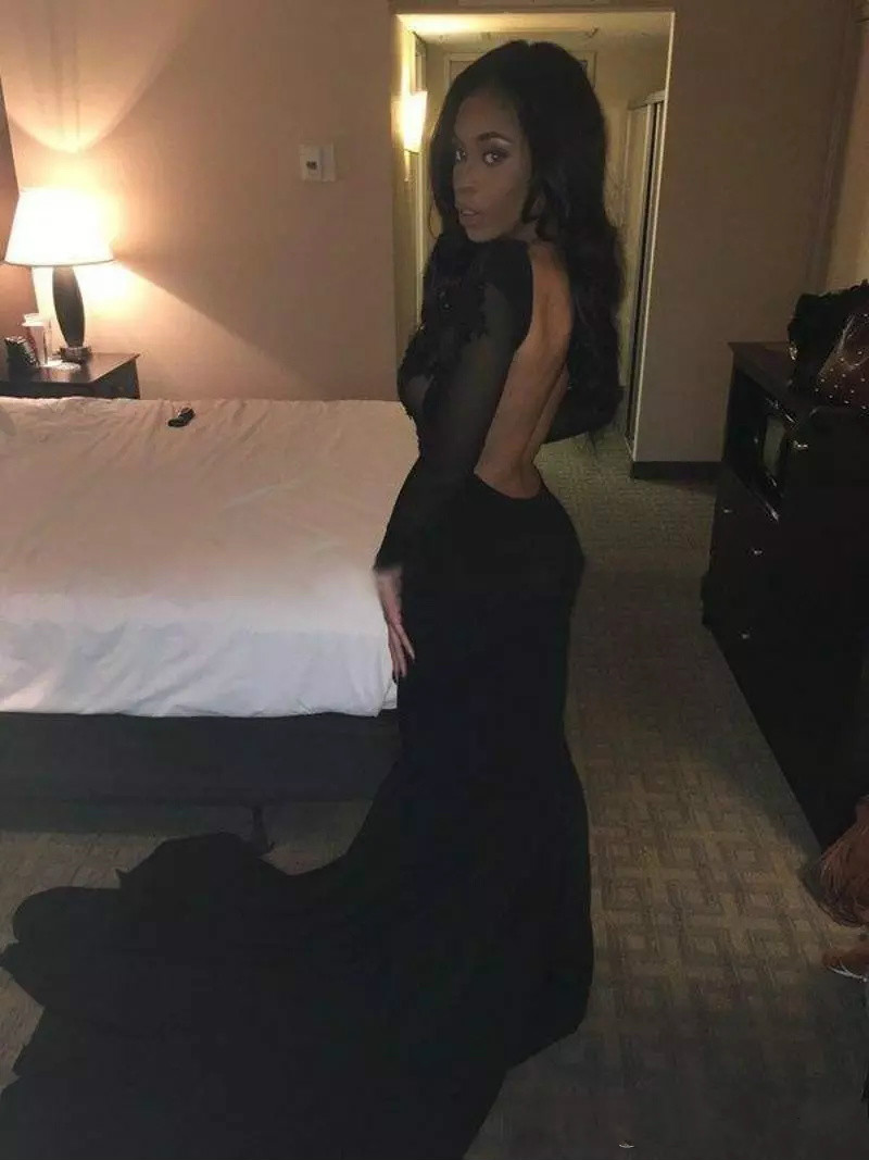 Sexy South African Black Prom Dresses Lace Applique Beaded Tulle Illusion Long Sleeve Mermaid Evening Gowns Sweep Train Satin Formal Dress