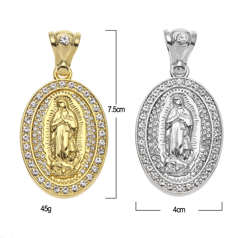 Authentic Hiphop Santa Maria Pendant Necklaces For Mens Oval Charm Gold Plated Full Diamond Hip Hop Jewelry