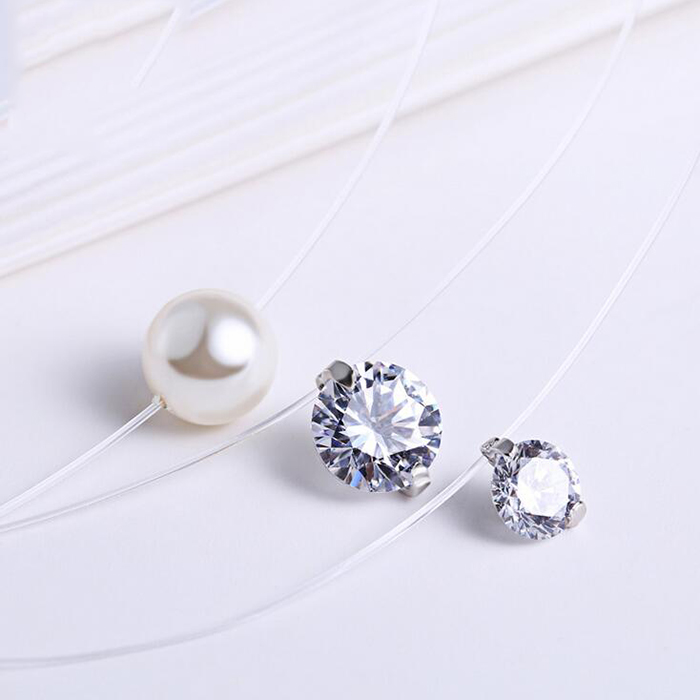 68mm White CZ And Pearl Invisible Clear Rope Necklace 925 Silver Women Jewelry
