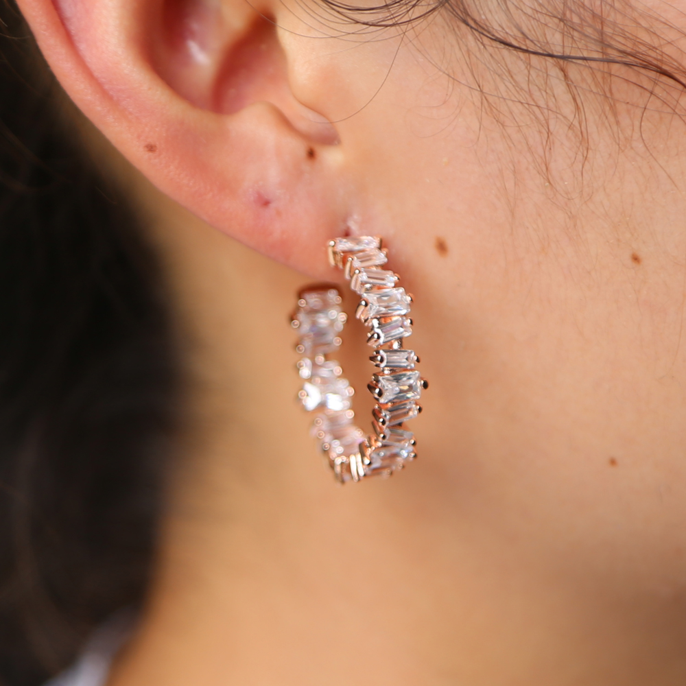 baguette cz hoop 3 colors silver rose black gold luxury women ladies jewelry CZ Diamond earring top quality
