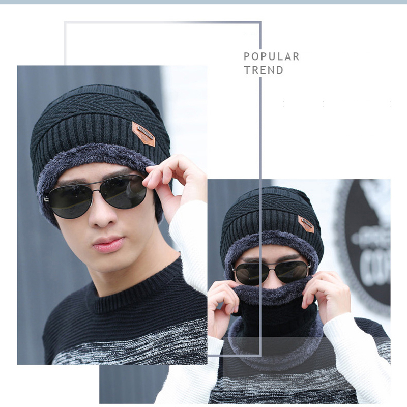 Black hat scarf two-piece cap Neck warm winter hat knitted Caps men Caps men's knitted cap Fleece Knit hats Skullies Beanies D18110601