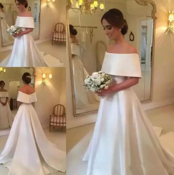 Elegant Plain Cheap Wedding Dresses Off Shoulder Neckline A Line Sweep Train Ivory Satin Simple Vintage Bridal Gowns Made in China