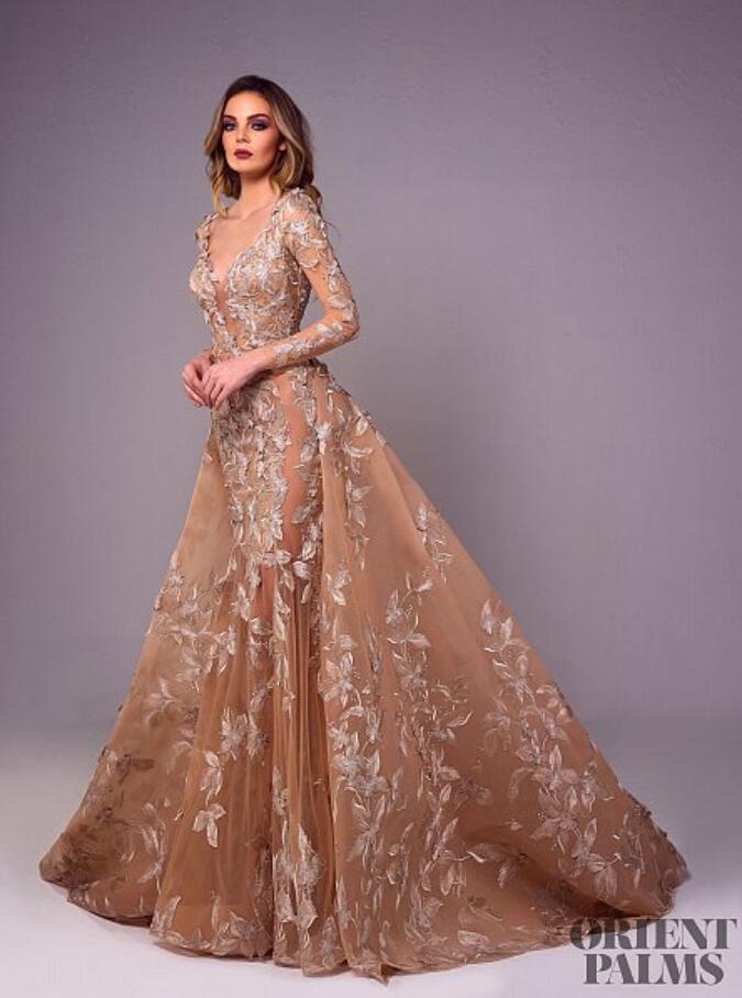 Tony Chaaya Champagne Prom Dresses With Detachable Skirt V Neck Sweep Train Long Sleeve Evening Dress Lace Applique Illusion Formal Gowns