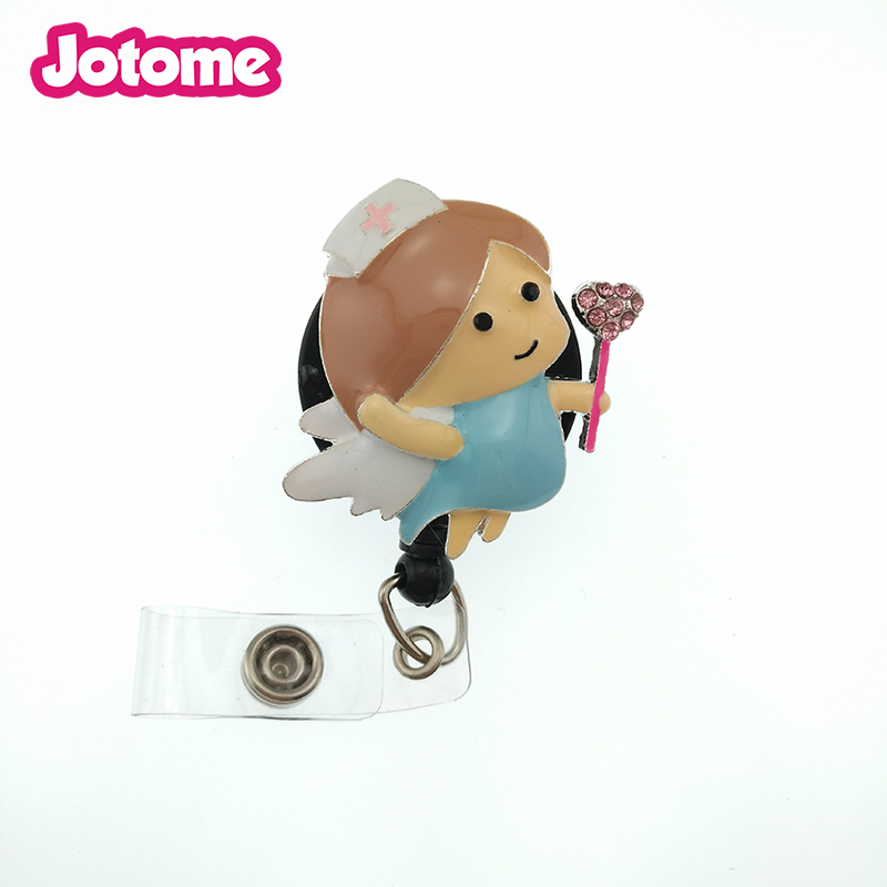 10pcs/lot Enamel Rhinestone Medical Heart Angel Nurse Retractable ID Badge Reel For Nurse Accessories